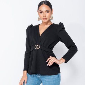 Black Long Puff Sleeve V-Neck Blouse Top
